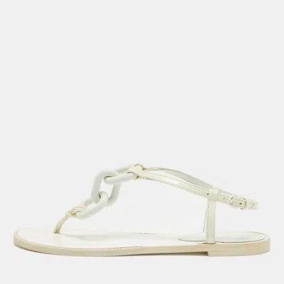 Pre-owned Burberry Patent Leather White Thong Slingback Sandals Size 38.5