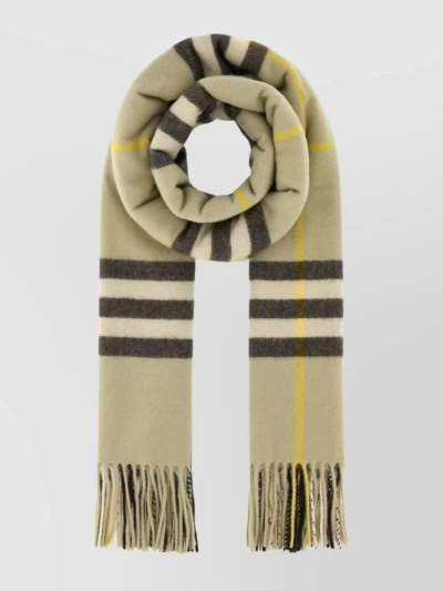Burberry Patterned Fringed Cashmere Scarf In Beige