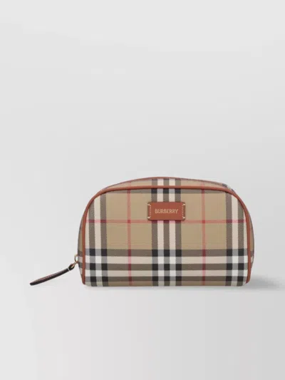 Burberry Patterned Leather Trim Top Handle Clutch In Brown