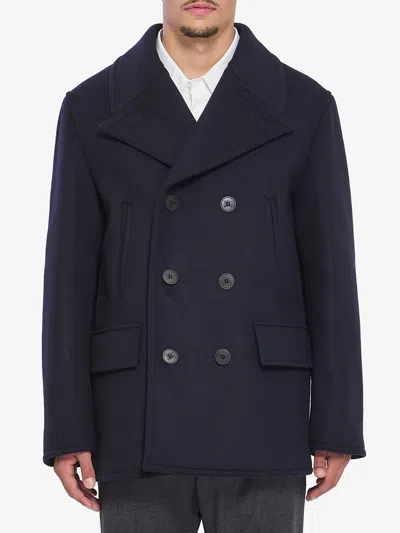 Burberry Pea Coat In Wool In Blue