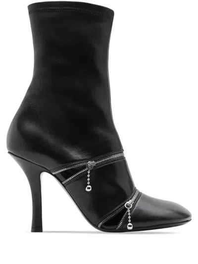 Burberry Leather Peep Ankle Boots In Black