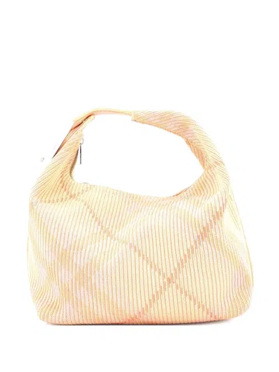 Pre-owned Burberry Peg Handle Bag Knit Check Fabric Medium Hobo Bag