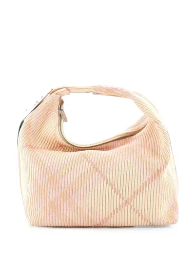 Pre-owned Burberry Peg Handle Bag Knit Check Fabric Medium Hobo Bag In Multicolour