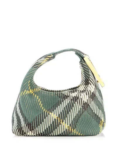 Pre-owned Burberry Peg Handle Bag Knit Check Fabric Mini Satchel In Green