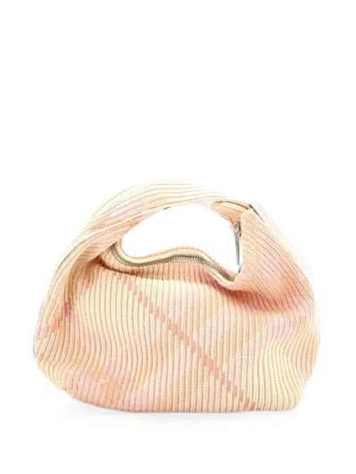 Pre-owned Burberry Peg Handle Bag Knit Check Fabric Mini Satchel In Pink