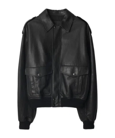 Burberry Leather Bomber Jacket In Black