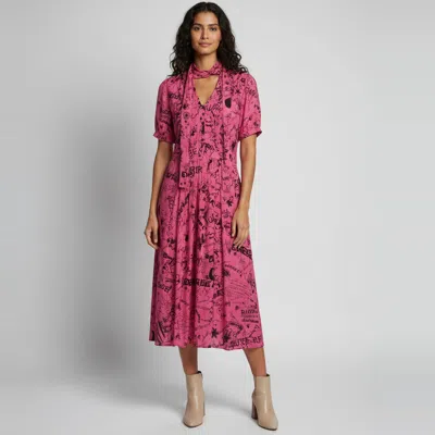 Pre-owned Burberry Pink Antonina Doodle Print Silk Pleated Midi Dress M