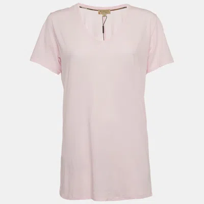 Pre-owned Burberry Pink Logo Embroidered Cotton V-neck T-shirt L