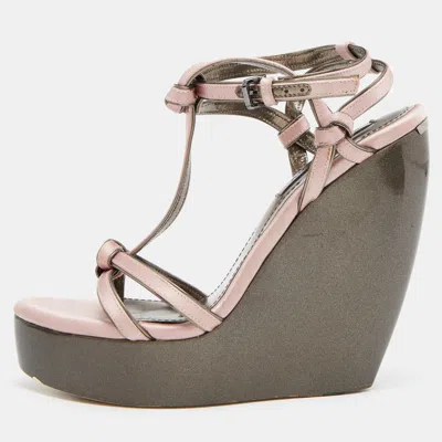 Pre-owned Burberry Pink Satin Ankle Wrap Wedge Sandals Size 40