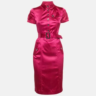 Pre-owned Burberry Pink Satin Belted Pocket Detail Sheath Dress S