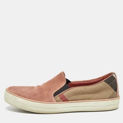 Pre-owned Burberry Pink Suede And Check Canvas Gauden Sneakers Size 36