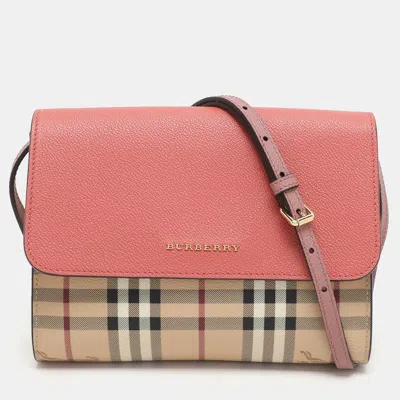 Pre-owned Burberry Pink/beige Haymarket Pvc And Leather Loxley Crossbody Bag