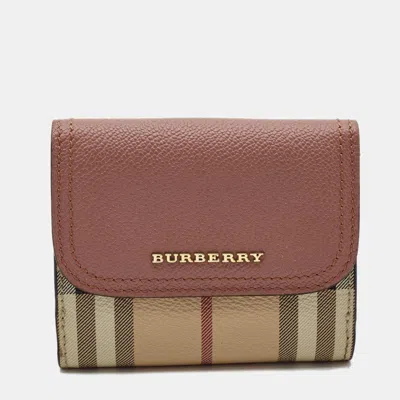 Pre-owned Burberry Pink/beige House Check Coated Canvas And Leather Luna French Wallet