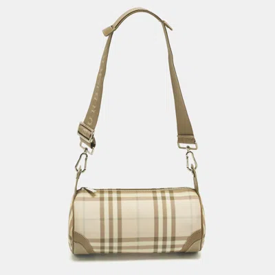 Pre-owned Burberry Pink/beige House Check Nylon And Leather Barrel Bag