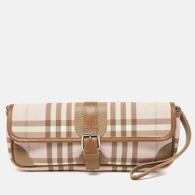 Pre-owned Burberry Pink/beige House Check Pvc And Leather Buckle Flap Wristlet Clutch