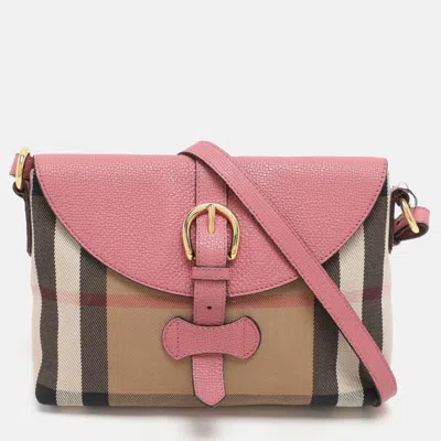 Pre-owned Burberry Pink/beige Leather And House Check Canvas Horseshoe Milton Crossbody Bag