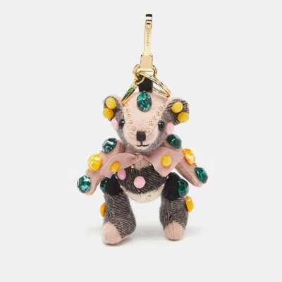 Pre-owned Burberry Pink/grey Cashmere And Leather Thomas Bear Bag Charm
