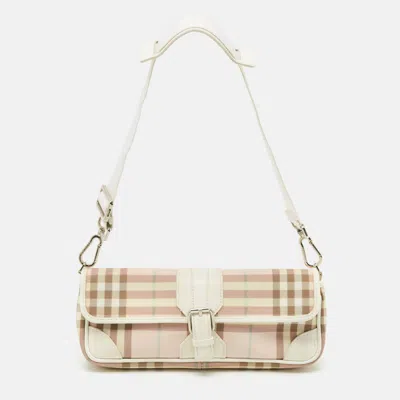Pre-owned Burberry Pink/white House Check Pvc And Leather Buckle Flap Shoulder Bag