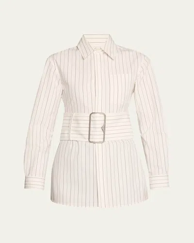BURBERRY PINSTRIPE BELTED COTTON SHIRT