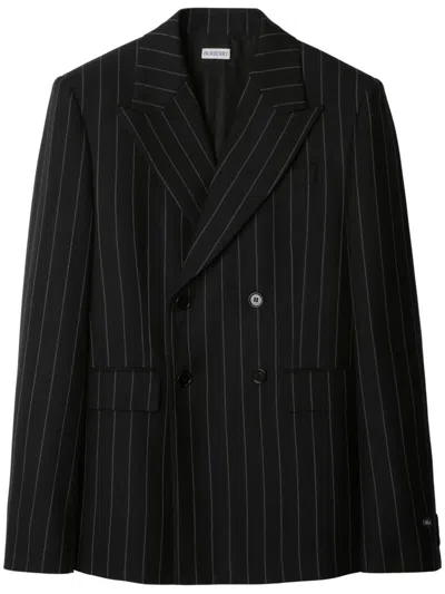 Burberry Pinstripe Wool Blazer In Black