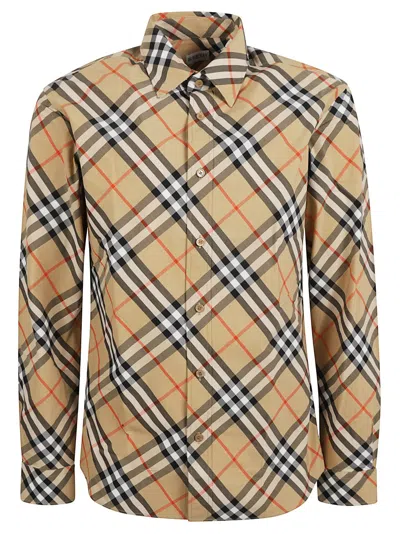 Burberry Men Beige Shirt With Classic Collar And All-over Check Motif In Cotton Man In Brown