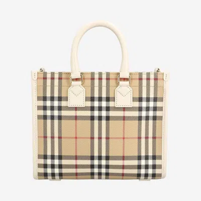 Burberry Plaid Check Canvas Tote Bag In Beige