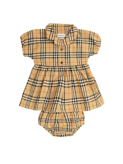 Burberry Plaid Cotton Dress And Bloomer Set In Brown