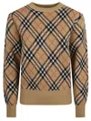 Burberry Plaid Crewneck Sweater With Ribbed Trims In Neutral