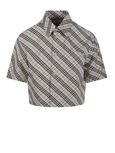 Burberry Plaid Cropped Shirt With Structured Collar In Grey