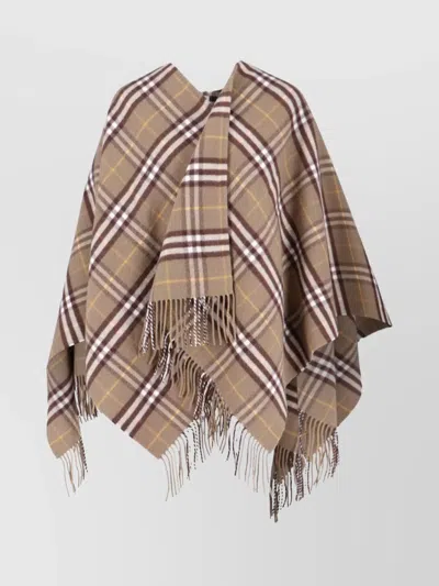 Burberry Plaid Fringed Scarf Open Front Design In Brown