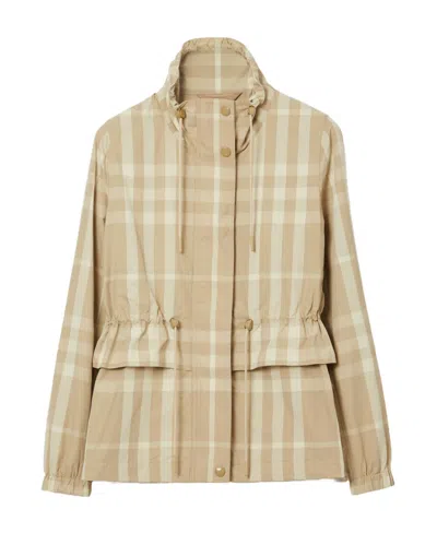 Burberry Plaid High-necked Jacket In Nude
