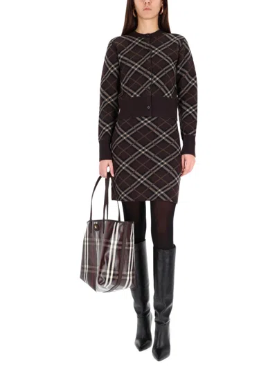 Burberry Plaid Knit Cardigan And Mini Skirt Set In Brown