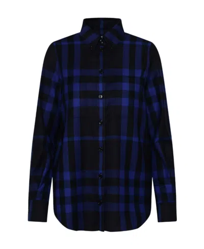 Burberry Plaid Long-sleeved Shirt In Blue