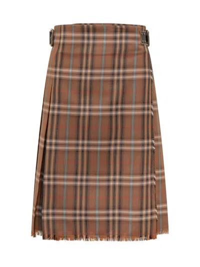 Burberry Plaid Midi Skirt With Fringes In Brown