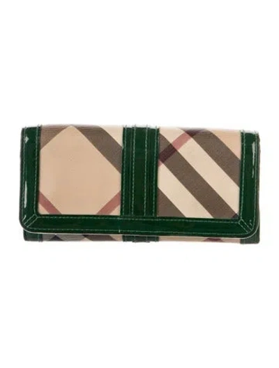 Pre-owned Burberry Plaid Print Continental Wallet In Green/neutrals