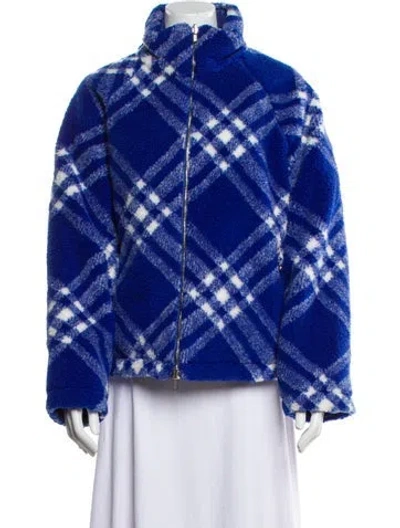 Pre-owned Burberry Plaid Print Faux Fur Jacket W/ Tags In Blue