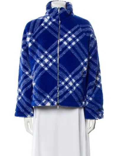 Pre-owned Burberry Plaid Print Faux Fur Jacket W/ Tags In Blue