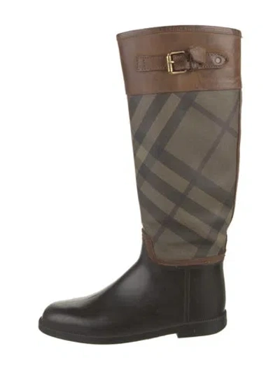 Pre-owned Burberry Plaid Print Leather Trim Embellishment Boots In Brown