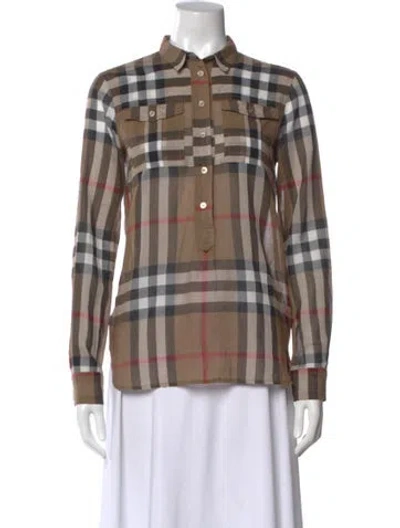Pre-owned Burberry Plaid Print Long Sleeve Blouse In Brown