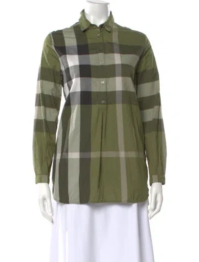 Pre-owned Burberry Plaid Print Long Sleeve Blouse In Green