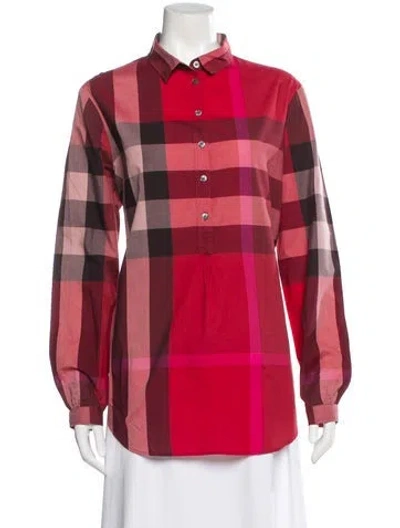 Pre-owned Burberry Plaid Print Long Sleeve Blouse In Red