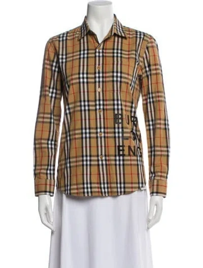 Pre-owned Burberry Plaid Print Long Sleeve Button-up Top In Brown