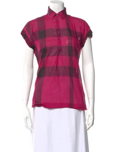 Pre-owned Burberry Plaid Print Short Sleeve Blouse In Pink