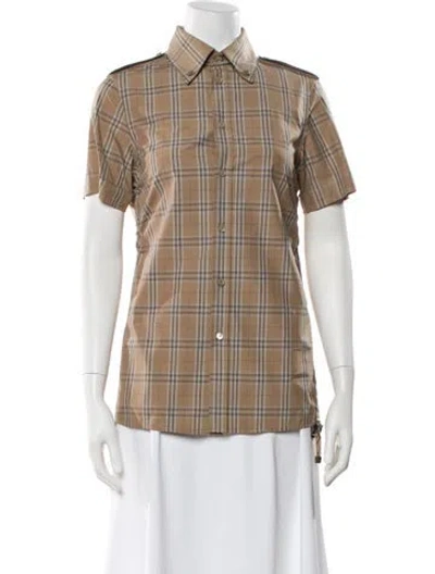 Pre-owned Burberry Plaid Print Short Sleeve Button-up Top W/ Tags In Neutral