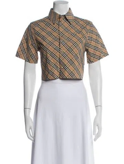 Pre-owned Burberry Plaid Print Short Sleeve Button-up Top W/ Tags In Neutral