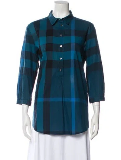 Pre-owned Burberry Plaid Print Three-quarter Sleeve Blouse In Blue