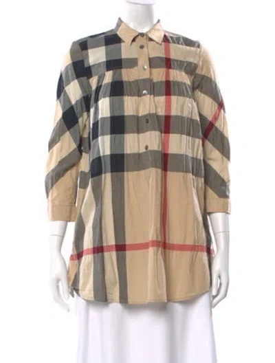Pre-owned Burberry Plaid Print Three-quarter Sleeve Blouse In Brown