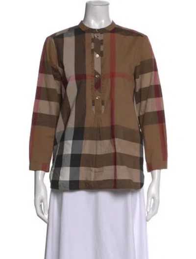 Pre-owned Burberry Plaid Print Three-quarter Sleeve Blouse In Brown