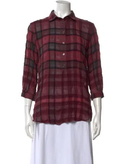 Pre-owned Burberry Plaid Print Three-quarter Sleeve Blouse In Burgundy