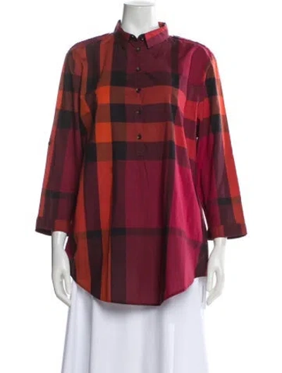Pre-owned Burberry Plaid Print Three-quarter Sleeve Blouse In Red